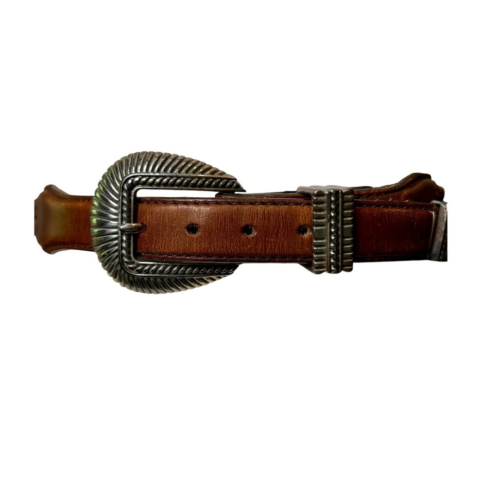 Vintage Western Brown Leather Braided Belt Silver Engraved Buckle‎ Tip Boho 40